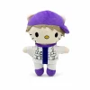 Hello Kitty plush x Justin Bieber in a white printed jacket and purple cap.