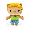 Hello Kitty plush x Ice Spice with curly yellow hair and a green vest top.