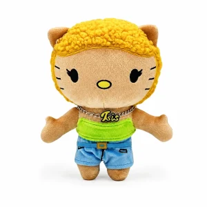 Hello Kitty plush x Ice Spice with curly yellow hair and a green vest top.