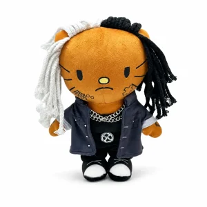 Hello Kitty plush x Ken Carson in a dark blue denim jacket with two-tone dreadlocks.