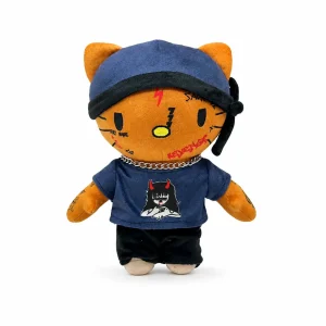 Hello Kitty plush x Ski Mask The Slump God in bright orange with a navy helmet.