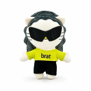 Hello Kitty plush x Charli XCX in a neon green t-shirt with a brat label.