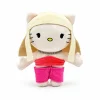 Hello Kitty plush x Taylor Swift with a blonde wig, red top and fuchsia shorts.