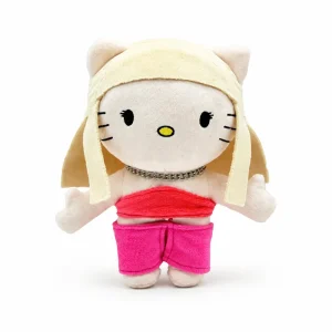 Hello Kitty plush x Taylor Swift with a blonde wig, red top and fuchsia shorts.