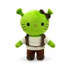 Hello Kitty plush x Shrek in lime green with an off-white tunic and brown jacket.