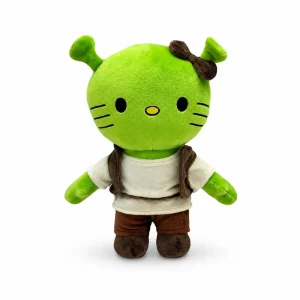 Hello Kitty plush x Shrek in lime green with an off-white tunic and brown jacket.