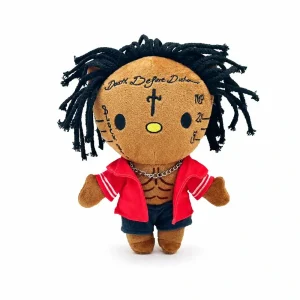 Hello Kitty plush x 21 Savage in a red baseball shirt with tattoo details.